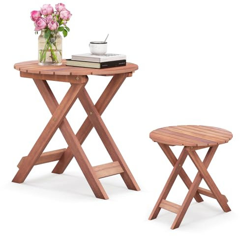 KOMFOTTEU Faltbarer Beistelltisch, Seitentisch aus Akazienholz, Gartentisch mit X-förmige Struktur, Kaffeetisch für Garten, Balkon, Terrasse (rund, φ46 x 45 cm)