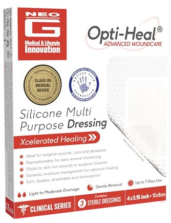 Opti-Heal Silicone Multi Purpose Dressing - Neo G Large Sterile Wound Dressings Adhesive for Surgical Wounds, Cuts, Abrasions, Skin Tears - 10x8 cm 3 Pcs