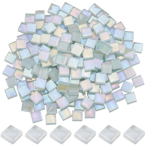 SOFPLATE 1 Box 200 Stück Glasmosaikfliesen Weiße Quadratische Mosaikfliesen Große Menge Schillernde Kristall Cabochons Mosaikfliesenbilder Für Wandhandwerk Trittsteine DIY Mosaikherstellung Bilderrahm
