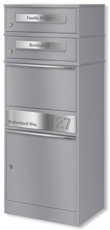 Metzler cassetta postale pacchi doppia acciaio inox alluminio grigio RAL 9007 con feritoie indipendenti e vano pacchi grande capacità resistente intemperie installazione parete pavimento incisione per
