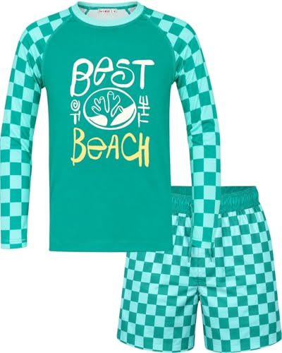 weVSwe Pojkar baddräkt SPF 50+ långa ärmar Rash Guard för pojkar UV-skydd simning tröja och shorts barn, Grönt rutnät, 6 år