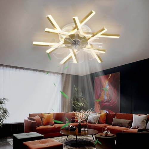 Ventilateur de plafond moderne à intensité variable avec moteur réversible et télécommande - Grands ventilateurs de plafond dorés pour chambre à coucher et salon (62 cm)