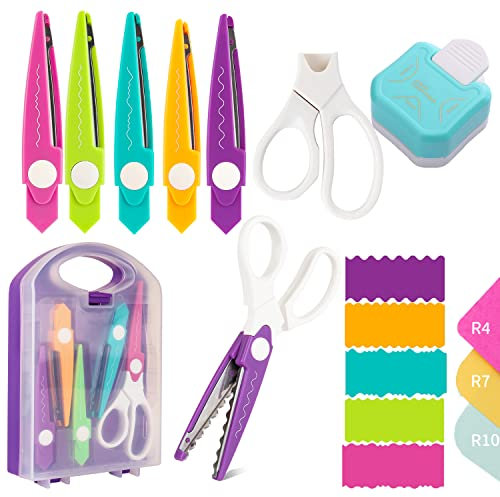 7-teiliges Bastelscheren-Set, 3-in-1-Eckenrunder, Papierstanzer, dekorative Papierkantenschere mit Aufbewahrungsbox, 5 Arten, Zickzack-Kanten, Scheren für DIY-Projekte, Papierkarten, Fotos, Karten und