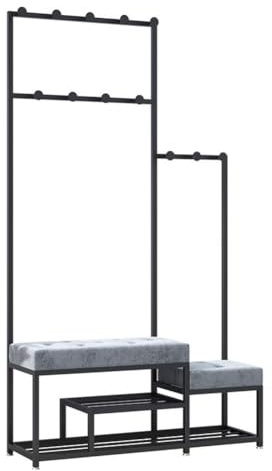 3 in 1 Freistehender Eltern-Kind Garderobenständer Metallgestell Kleiderständer mit 13 Haken gepolsterter Schuhbank und Schuhregal for Flur Eingang Wohnzimmer Schlafzimmer(Black+Gray,80*35*175cm)