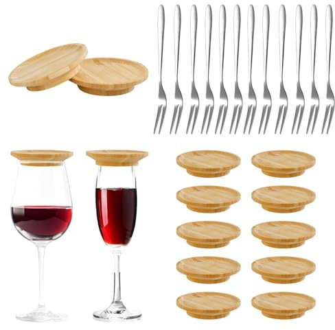WATUNID Bicchiere da vino Charcuterie Board, 12 pezzi, in bambù, per bicchieri da vino, con 12 forchette da frutta, in acciaio inox, per la famiglia, riunioni, feste, piatti da dessert