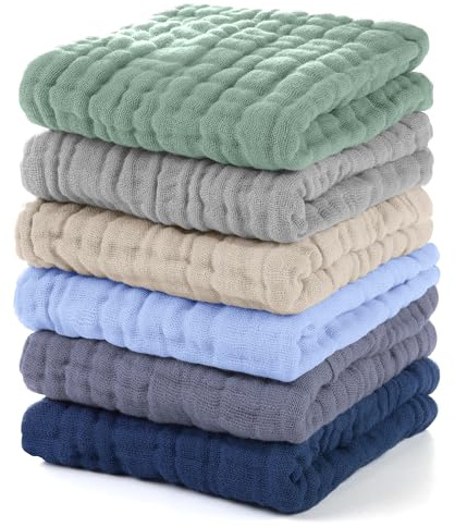 Unnivoll Muslin Cloths for Baby 100% Cotton Muslin Squares Baby Wash Cloth Baby Essentials for Newborn Boys Girls Large 30x30CM Extra Soft and Absorbent 6 Pack - Multicolor