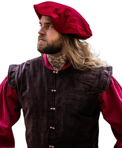 Leonardo Carbone® Herren Kopfbedeckung Samt-Barett Kurt | Integriertes Band | Raffungen Hinten | Karneval, Halloween, Cosplay, LARP, Mittelalter, Barett, Hut, Baumwolle | 100% Baumwolle Rot XL