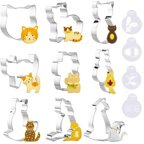 Simpeak Cortador de Galletas, 9 Piezas Forma de Gato Cortadores de Sandwich, Moldes de Galletas de Acero Inoxidable para Cocina, Hornear, Cumpleaños