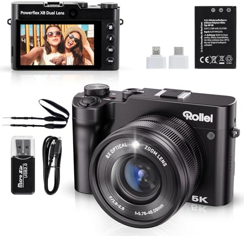 Rollei Powerflex X8 Dual Lens Digitalkamera, 64MP 5K Fotoapparat mit Dual Lens 8X Optischer Zoom Kompaktkamera mit 3,6 Touch Screen Tragbar Fotokamera für Anfänger Schwarz, Digital-Kamera-Fotoapparat