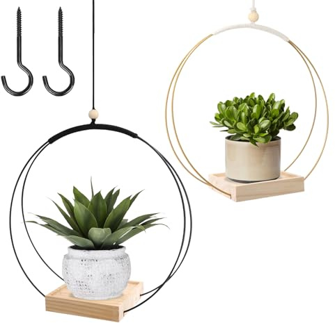 Kunaxku 2 fioriere sospese per interni, anello in metallo con base in legno, vaso da appendere per piante, fioriera sospesa, fioriera sospesa, fioriera per interni, vaso per piante sospese, gancio