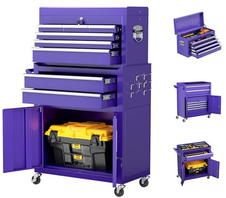 Omelaza 8-Drawer Rolling Tool Chest with Lock, Detachable Tool Cabinet Cart with Wheels, High-Capacity Mechanic Tool Organizer for Garage Workshop Warehouse Storage​(Purple)