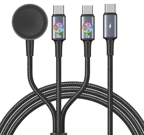 Câble Multi Chargeur USB C 3 en 1 60W, Câble de Charge Rapide 1,2M avec Double USBC et Chargeur Magnétique pour Ap Watch Ultra 2/SE/7-10, Compatible avec ios 16/15, Pad, Tablettes et Appareils USB-C