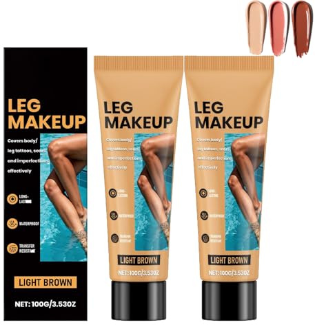 2-delad make-up för kropp och ben, vattenbeständigt, tatueringsövertäcka smink, långvarigt, lämpligt för att täcka tatueringar, vid mörk hud, åderbråck och ärr (ljusbrun)