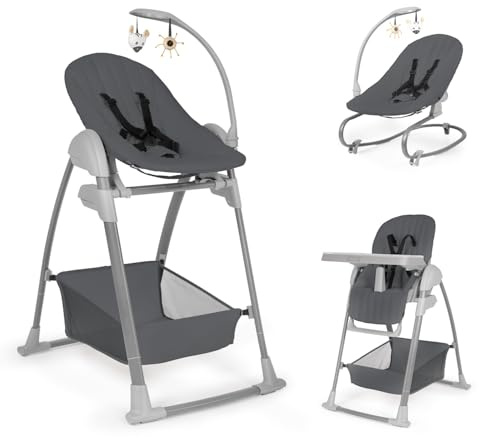 hauck Sit N Relax 3in1, Dark Grey - Mitwachsender Hochstuhl ab Geburt bis 15 kg, mit Neugeborenenaufsatz, Babywippe, Spielbogen, Essbrett, Räder & Korb, Höhenverstellbar, Faltbar, Leicht Abwischbar