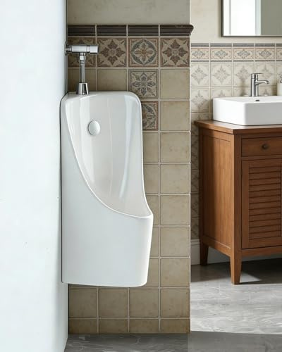 Urinale da Parete Orinatoio per Uomini Muro in Ceramica, Orinatoi Angolari con System di Lavaggio per Casa/Bagno/Garage, Bagno Nel Seminterrato con Valvola di Scarico(White)