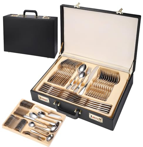 Set di posate in acciaio inox, 72 pezzi, lucidate a specchio, lavabili in lavastoviglie, con confezione regalo e valigia in pelle