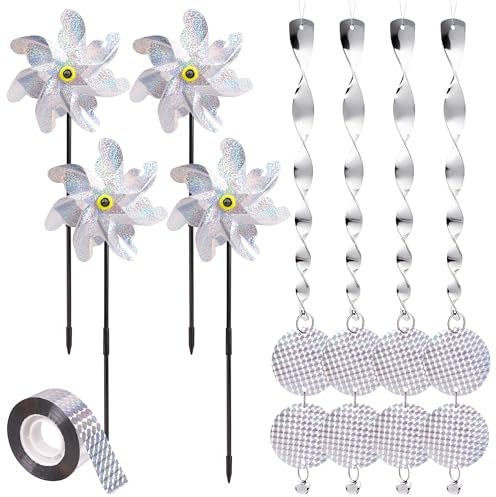Bafutayawa Ensemble de Protection Anti-Oiseaux pour extérieur - Moulins à Vent de Jardin et Balcon - Ruban réfléchissant et tiges - Répulsif Oiseaux Contre moineaux et Pics argenté