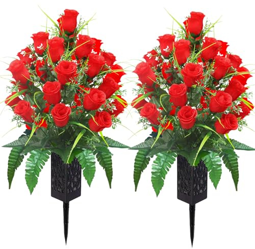 Kunstblumen im Topf für Grabschmuck,2 Stücke Künstliche Friedhofsblumen Rosen | Künstliche Blumen Grabgestecke mit Vase,Grabgesteck Blumenstrauß mit Grabvase für Grab, Friedhof Deko,Grabstein Grabdeko