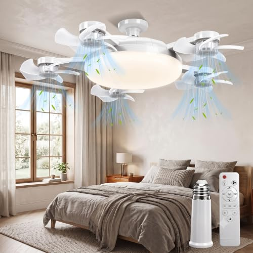 5 Head Ceiling Fans with Lights and Remote, Foldable E27 Ceiling Fan | B22 Socket, 3 Color Temperatures & 3 Fan Speeds, Dimmable 3000K-6000K Socket Light Bulb Fans, Silent Bayonet Fitting Lamp Fan