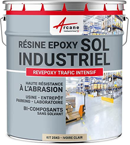 ARCANE INDUSTRIES Résine epoxy Sol - Peinture resine pour sols béton,Ciment,carrelage : REVEPOXY TRAFIC INTENSIF - 25 kg (jusqu'à 50 m² en 2 Couches) Ivoire Clair - RAL 1015