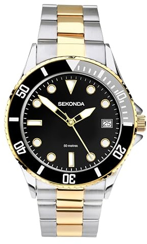 Sekonda Wave Mens Watch – 39mm Sports Watch for Men with Black Dial, Rotating Bezel, Two-Tone Stainless Steel Bracelet and Date Window – 50m Water Resistant – 2 Year Warranty