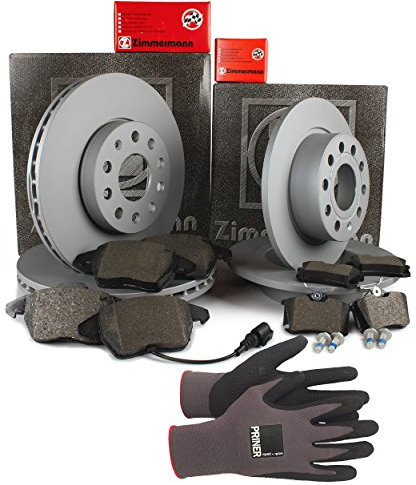 Inspektionspaket Zimmermann Bremsen Set inkl. Bremsscheiben und Bremsbeläge für vorne Ø 256 mm und hinten Ø 230 mm enthalten, 100% passend für Ihr Fahrzeug, inkl. Priner Montagehandschuhe, AN161