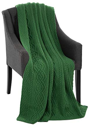 SAOL Luxurios Dara 100% Merino Wool Cable Knit Aran Throw/Blanket (Green) by 69 x 44 inches