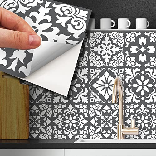WALPLUS 72pcs 15cm/17.43sqft Dark Grey Spanish Renaissance Tiles Removable Peel and Stick Mosaic Tiles Vinyl Self Adhesive Backsplash Bathroom Kitchen Stick On Tile Paint Tile On Wall