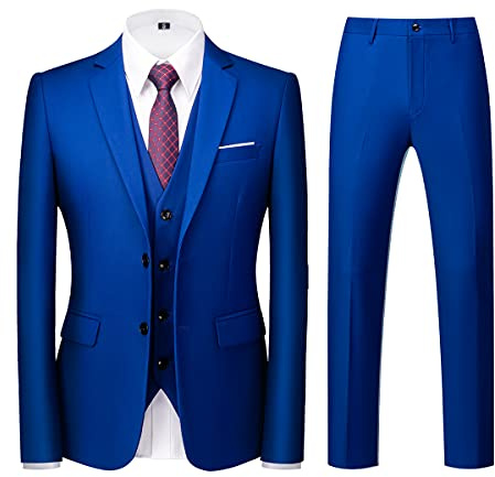 Kostymset i 3 delar för män, smal passform, enkelknäppt, två knappar, bröllopssmoking, kostym, blazer, väst, byxor, Juvel blå, XL
