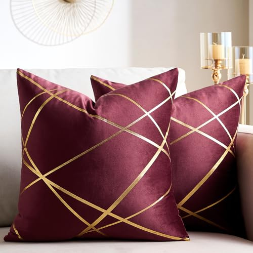 2er Set Samt Kissenbezug 50x50 cm Weinrot Geometrie Bronzieren Dekokissen Kissenhülle Sofakissen Couchkissen Dekorative Kissen Kissenbezüge Outdoor Zierkissen Bezug für Schlafzimmer Sofa Bett