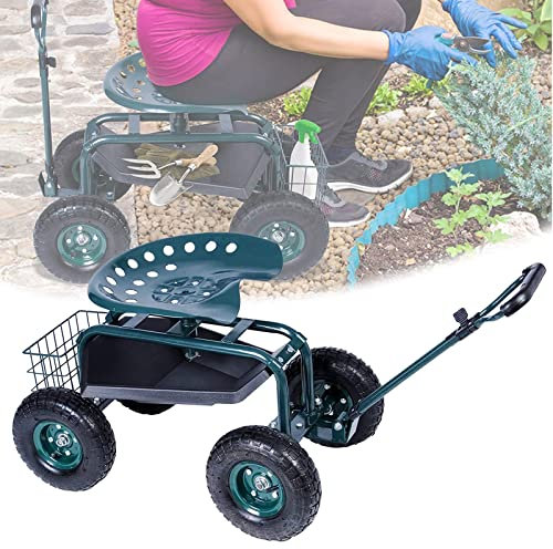 Gartenwagen mit Rädern und Korb, 360 ° drehbarer Landwirtschaftssitz, Roller, Wagon mit drehbarem Sitz mit Griff für Arbeitssitz