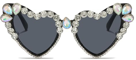 LJCZKA Herz Sonnenbrille mit Strass Damen, Vintage Herz Sonnenbrille mit Strasssteinen Aesthetic Hochzeit Herzbrille Partybrille Frauen UV-Schutz