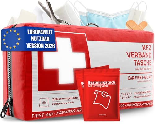 Trousse de premiers secours pour véhicule conforme à la norme 2026 incluant des serviettes de respiration - Trousse de secours pour véhicule utilisable dans toute l'Europe - Kit de premiers secours