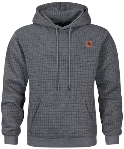 Furpazven Mens Hoodies Pullover Casual Long Sleeve Hoodie Drawstring Jacquard Hoody Sweatshirts Plaid Hooded UK with Pocket Dark Grey S