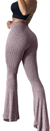 Women's Ribbed Knit Flared Pants, Stretchy Fitted Bell Bottom Yoga Pants (36072-1, S-Small)