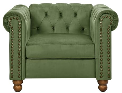 KEIKI 32 Chesterfield Velvet Tufted Button Sofa Chair with Square Arms and Cushion Back, Classic 1-Seater Couch with Solid Wood Legs, Easy Assembly, for Living Room, Bedroom, Apartment, Green