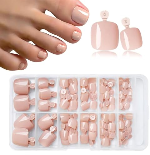 120 pezzi unghie dei piedi a pressione color pelle, unghie dei piedi artificiali con linguette adesive, 12 Misure Unghie dei Piedi Lucide Adesive Copertura Completa French Tip Unghie Finte per Donne