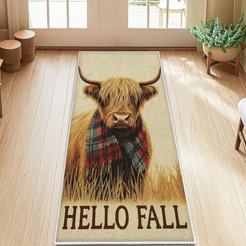 Highland Cow Runner Rug, Fall Rustic Plaid Scarf Grass Fall Brown Non-Slip Carpets Fade Resistant Home Aesthetic for Kitchen Entryway Laundry Room Bedside Decor 2x5 Ft