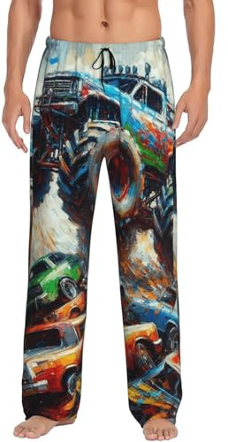Nianyuer Pantalon de nuit doux pour homme - Bas coloré - Véhicules tout-terrain imprimés - Pantalon de pyjama pour la maison - Poches, Noir , XXXL