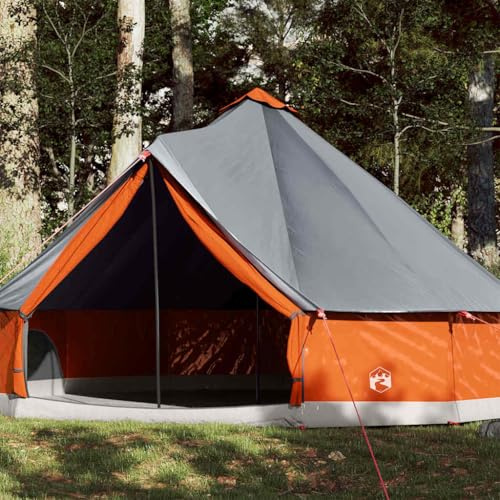 Wasserdichtes Tipi-Familienzelt für 12 Personen, Grau Orange 600x600x350 cm, mit E-Anschluss, 3 Aufbewahrungstaschen, robustem 185T Polyester für Camping Outdoor Abenteuer