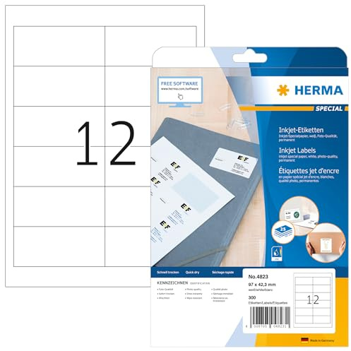 HERMA 4823 Adressetiketten für Inkjet Drucker, 25 Blatt, 97 x 42,3 mm, 12 pro A4 Bogen, 300 Stück, selbstklebend, bedruckbar, matt, blanko Adressaufkleber Etiketten für Tintenstrahldrucker, weiß