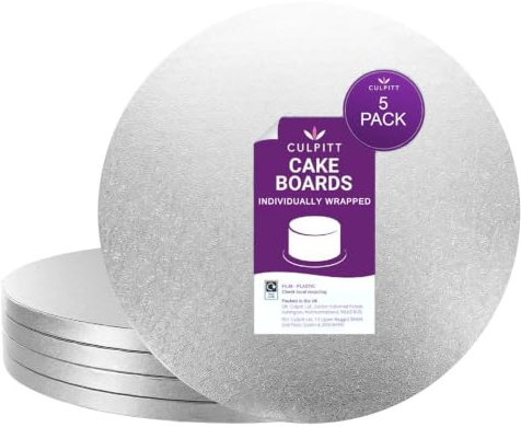 Culpitt 10 Cake Board | 5 Pack | Individually Wrapped Cake Drums, Silver Fern, 10 Inch (254mm) Round, 12mm Thick, (Pack of 5 Boards)