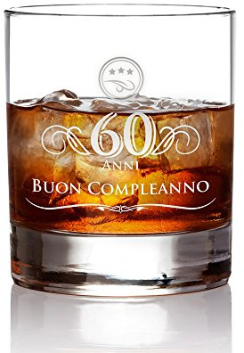 AMAVEL Tumbler da Whisky in Vetro con Incisione - 60 Anni - Buon Compleanno - Bicchieri Cocktail Personalizzati - Degustazione - Accessori Decorativi Casa - Idee Regalo Originali - Capacità: ca 320 ml