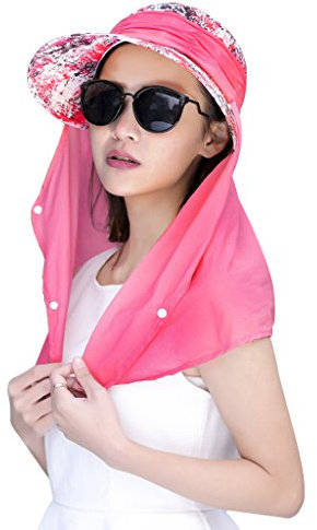 JIAHG Damen Sommer Sonnenhut Anti-UV Hut, Frauen Strandhut Sommerhut, doppelfunktionale Hüte Kappe mit abnehmbarer Nackenschutz, Einheitsgröße, Rot