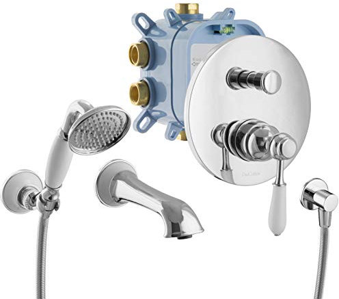 PaulGurkes Nostalgie Vintage Unterputz Wannenarmatur Set Nostalgie Retro Wanneneinlauf Landhausstil Wannen-Set Badewannen Armatur Montagebox Wassereinlauf Umsteller 2 Verbraucher 2-Wege Einhandmischer