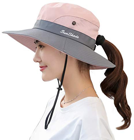 Muryobao Sombrero de cola de caballo para mujer, protección UV, plegable, de malla, ala ancha, sombrero de pesca para playa, Rosado, Talla única