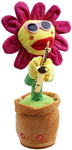 GESKS Toy Repeats What You Say Singing Dancing Talking Recording Glowing Sunflower Soft Plush Flower Musical Saxophone Happy Birthday Song for Baby Kids Adults(Pink)