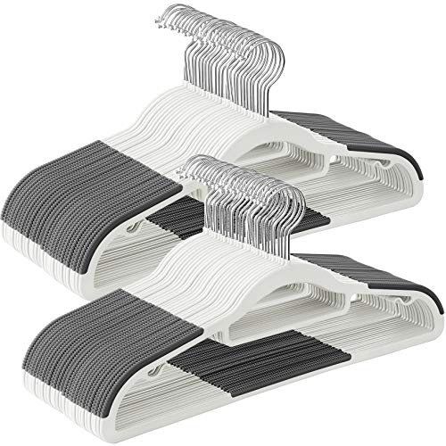 SONGMICS Heavy Duty Plastic Coat Hangers, Pack of 50, Non-Slip Design, Space-Saving, 0.5 cm Thick, 42 cm Long, 360 Swivel Hook, White and Dark Grey CRP020W02