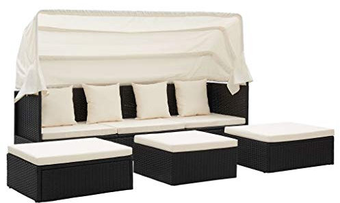 Tidyard Terrassenmöbel Outdoor Daybed mit versenkbarem Baldachin und weichen Kissen, PE Wicker Rattan Rechteck Schnittsofa Set für Lawn Garden Backyard Poolside, Schwarz & Weiß