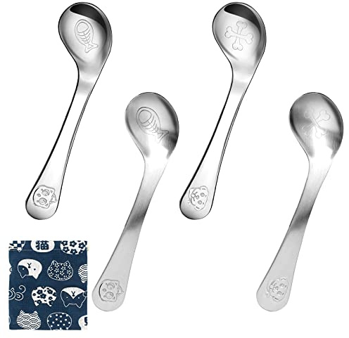 4Pcs Cuchara para Niños y Bebés, Cubertería Infantil con Diseño Curvo y Superficie Lisa, Acero Inoxidable para Aprender a Comer, Con 1 Bolsa (13x3.8 cm)